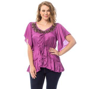 JAJA&CO. Ladies Ruffled Top Solid Purple Beaded Scoop-Neck Size 2XL  NWT